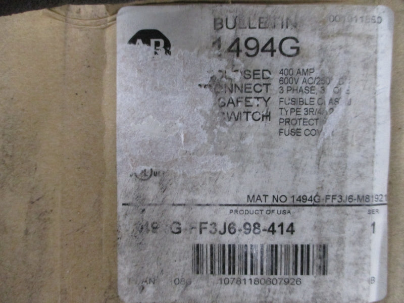 ALLEN BRADLEY 1494G-FF3J6-98-414 SER. 1 600VAC 400A (BR/WH) NSMP