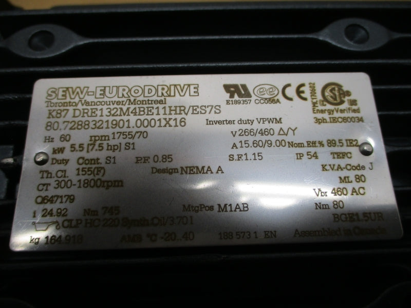 SEW-EURODRIVE K87DRE132M4BE11HR/ES7S K87/A 266/460V 15.60/9.00A NSNP