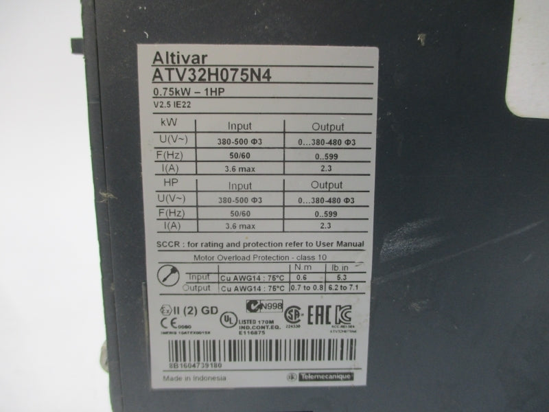 SCHNEIDER ELECTRIC ATV32H075N4 380-500V 3.6A (AS PICTURED) UNMP