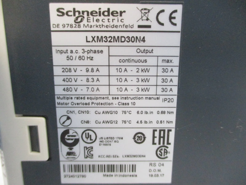 SCHNEIDER ELECTRIC LXM32MD30N4 480VAC 30A UNMP