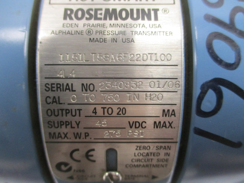ROSEMOUNT 1151LT5SA6F22DT1004L4 45VDC 275PSI NSNP