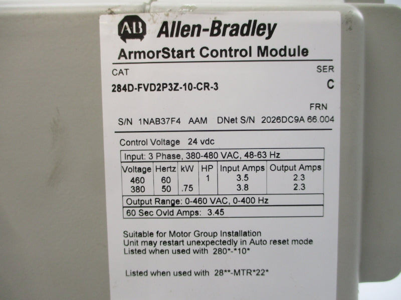 ALLEN BRADLEY 284D-FVD2P3Z-10-CR-3 SER. C F/W 66.004 380-480VAC 3.5/3.8A UNMP