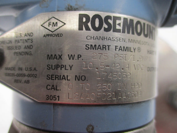 ROSEMOUNT 3051L2AA0FD21AAC604 10.5-42.4VDC 275PSI UNMP