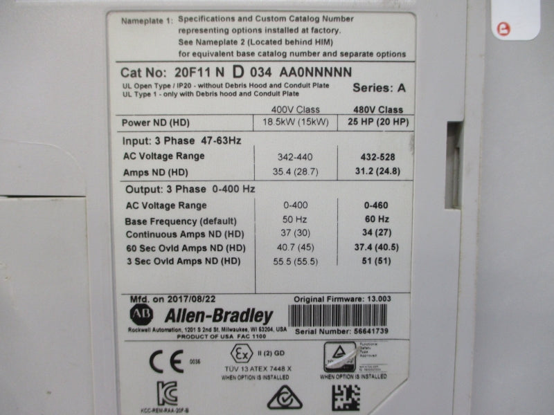 ALLEN BRADLEY 20F11ND034AA0NNNNN SER. A F/W 13.003 (AS PICTURED) UNMP