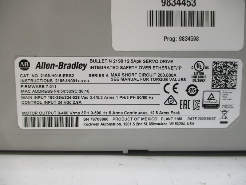 ALLEN BRADLEY 2198-H015-ERS2 SER. A F/W 7.011 195-264/324-528VAC NSMP