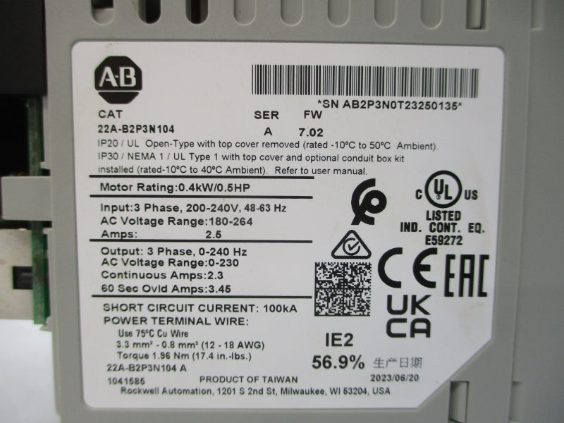 ALLEN BRADLEY 22A-B2P3N104 SER. A F/W 7.02 200-240VAC 2.5A (NO COVER) NSMP