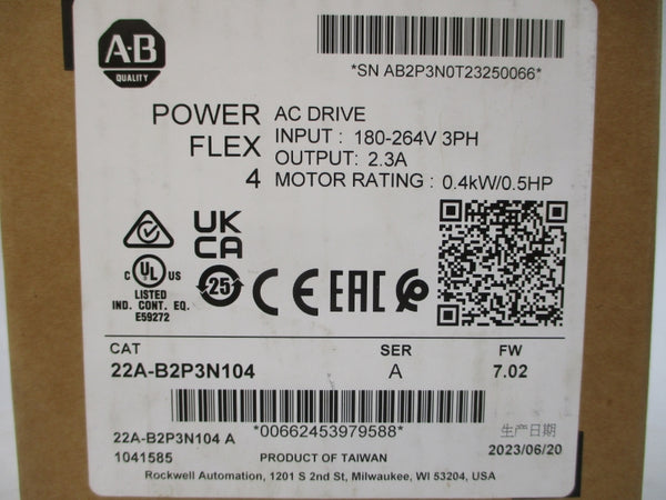 ALLEN BRADLEY 22A-B2P3N104 SER. A F/W 7.02 200-240VAC 2.5A (NO COVER) NSMP