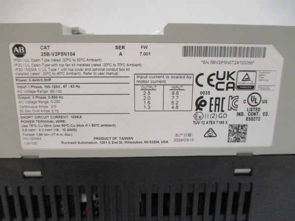 ALLEN BRADLEY 25B-V2P5N104 SER. A F/W 7.001 100-120VAC 2.5A NSMP