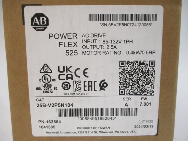 ALLEN BRADLEY 25B-V2P5N104 SER. A F/W 7.001 100-120VAC 2.5A NSMP