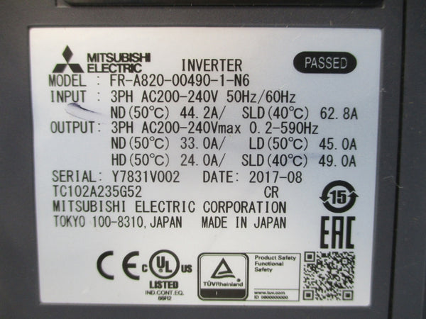 MITSUBISHI FR-A820-00490-1-N6 200-240VAC 44.2A (NO COVER) UNMP