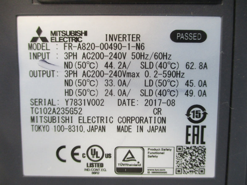 MITSUBISHI FR-A820-00490-1-N6 200-240VAC 44.2A (NO COVER) UNMP