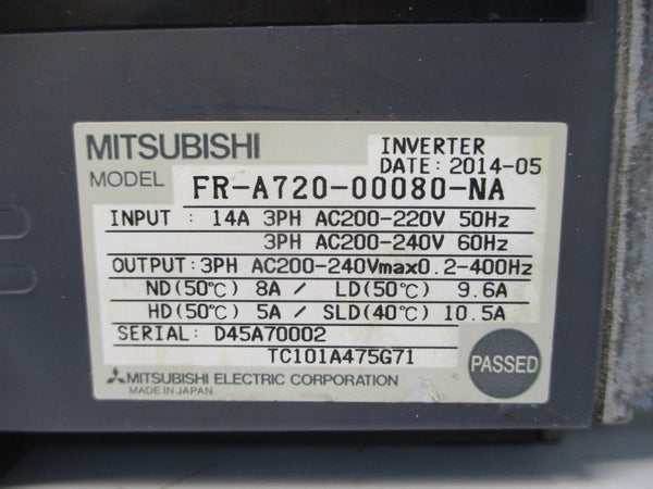 MITSUBISHI FR-A720-00080-NA 200-240VAC 14A (AS PICTURED) UNMP