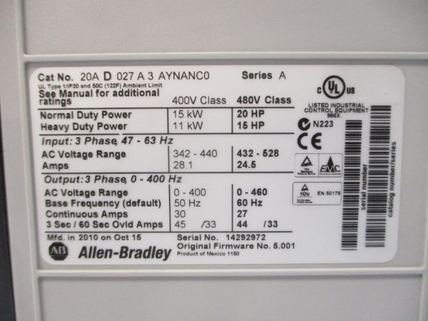 ALLEN BRADLEY 20AD027A3AYNANC0 SER. A 480VAC 24.5A (AS PICTURED) UNMP