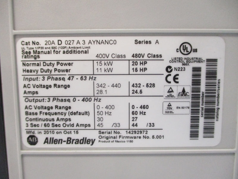 ALLEN BRADLEY 20AD027A3AYNANC0 SER. A 480VAC 24.5A (AS PICTURED) UNMP