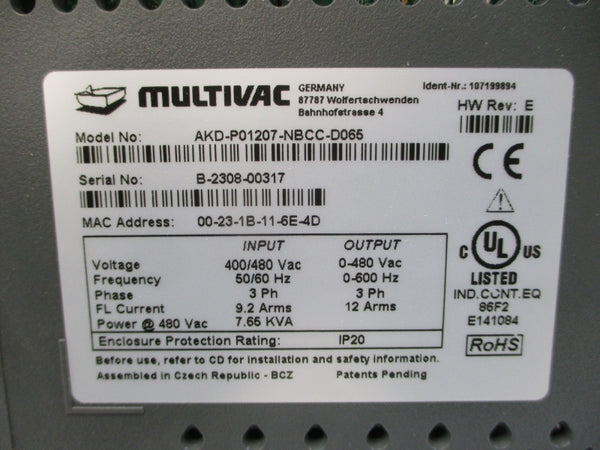 MULTIVAC AKD-P01207-NBCC-D065 400/480VAC 9.2A REV. E NSNP