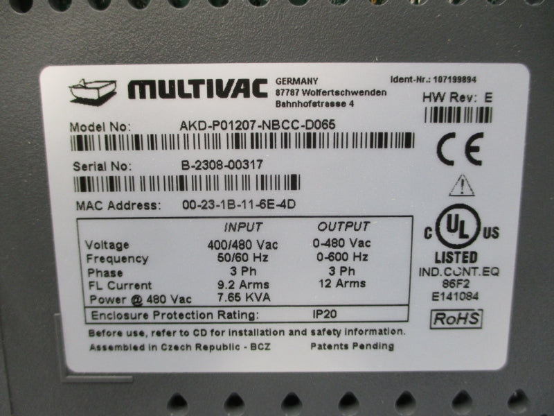 MULTIVAC AKD-P01207-NBCC-D065 400/480VAC 9.2A REV. E NSNP