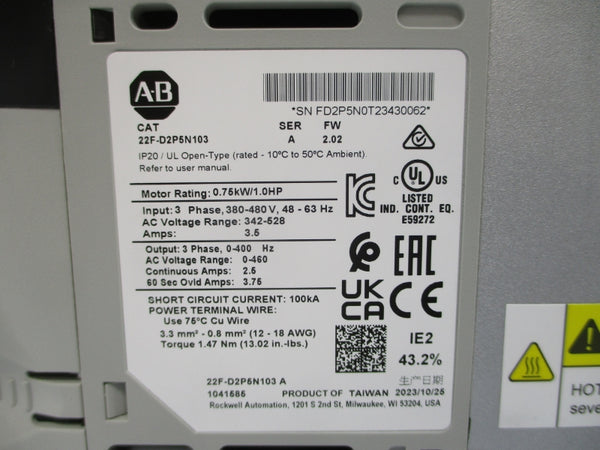 ALLEN BRADLEY 22F-D2P5N103 SER. A F/W 2.02 342-528VAC 3.5A NSMP