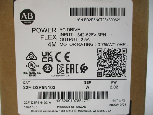 ALLEN BRADLEY 22F-D2P5N103 SER. A F/W 2.02 342-528VAC 3.5A NSMP