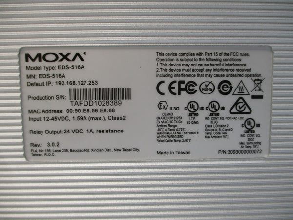 MOXA EDS-516A 3093000000072 12-45VDC 1.59A NSMP