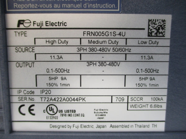 FUJI ELECTRIC FRN005G1S-4U 380-480V 11.3A NSMP