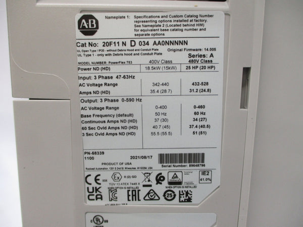 ALLEN BRADLEY 20F11ND034AA0NNNNN SER. A F/W 14.005 432-528VAC 31.2A NSMP