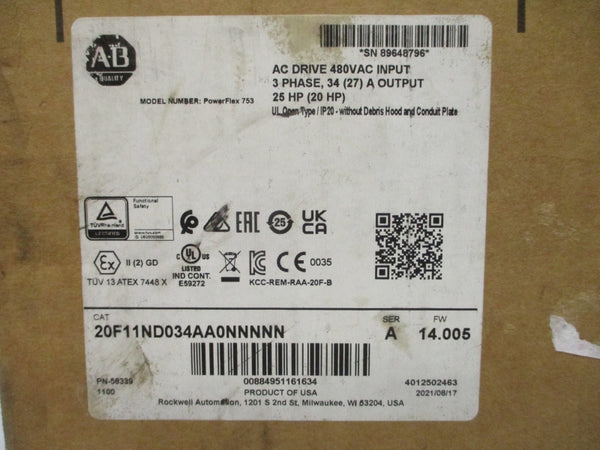 ALLEN BRADLEY 20F11ND034AA0NNNNN SER. A F/W 14.005 432-528VAC 31.2A NSMP