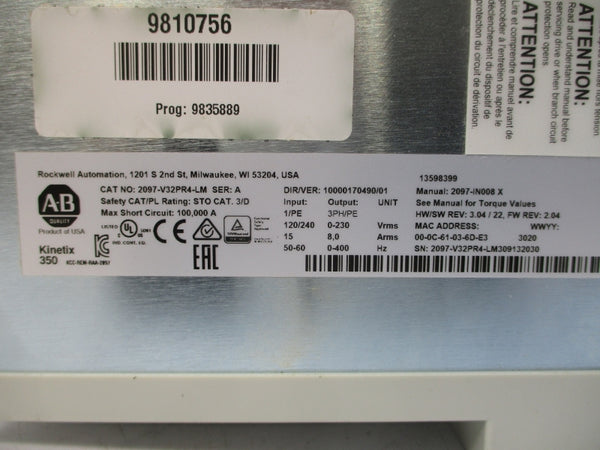 ALLEN BRADLEY 2097-V32PR4-LM SER. A F/W 2.04 120/240VAC 8.0A REV. 3.04/22 NSMP