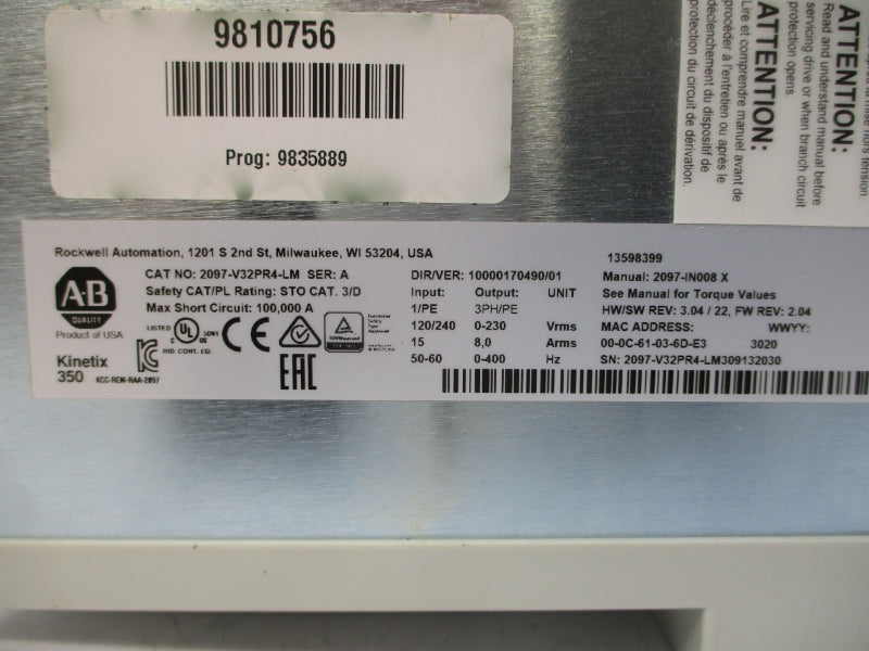 ALLEN BRADLEY 2097-V32PR4-LM SER. A F/W 2.04 120/240VAC 8.0A REV. 3.04/22 NSMP