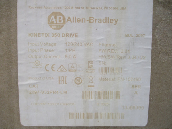 ALLEN BRADLEY 2097-V32PR4-LM SER. A F/W 2.04 120/240VAC 8.0A REV. 3.04/22 NSMP