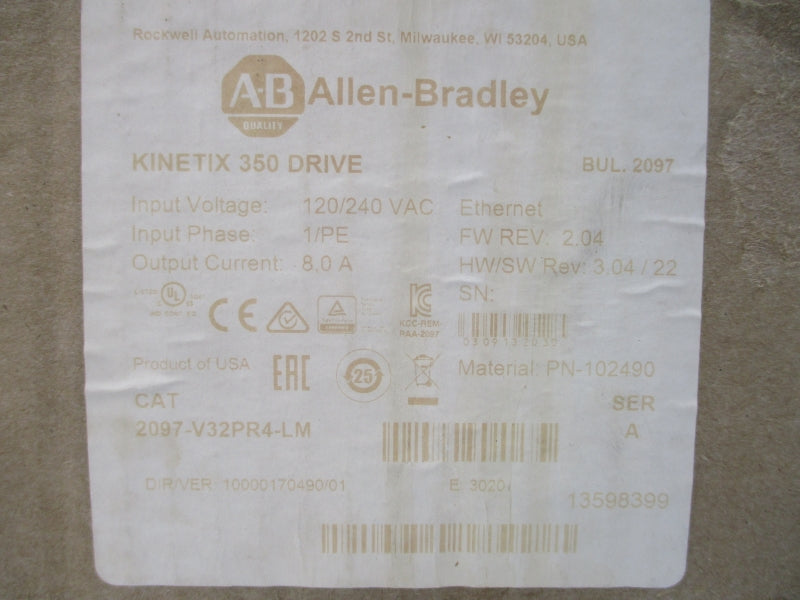 ALLEN BRADLEY 2097-V32PR4-LM SER. A F/W 2.04 120/240VAC 8.0A REV. 3.04/22 NSMP