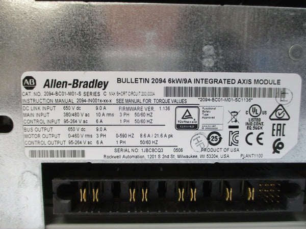 ALLEN BRADLEY 2094-BC01-M01-S SER. C F/W 1.136 380-480VAC 10A REMAN