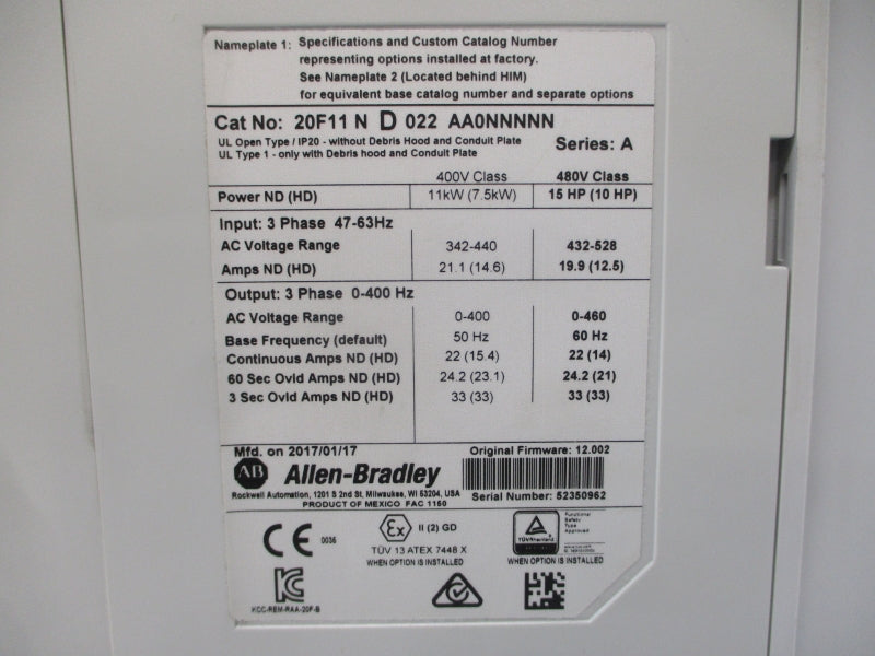 ALLEN-BRADLEY 20F11ND022AA0NNNNN SER. A F/W 12.002 432-528VAC 19.9A UNMP