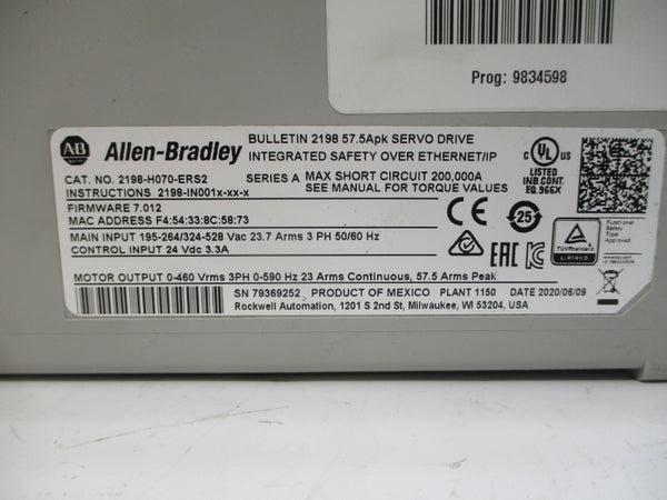 ALLEN BRADLEY 2198-H070-ERS2 SER. A F/W 7.012 195-264/324-528VAC NSMP