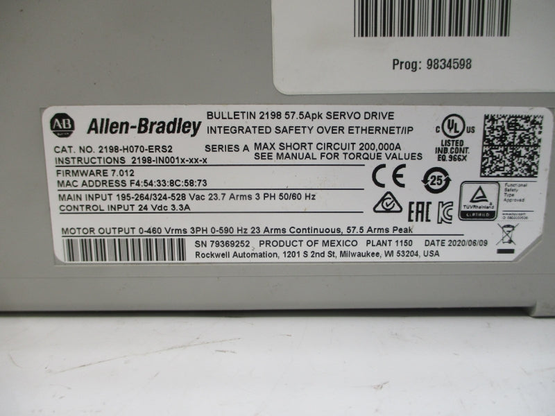 ALLEN BRADLEY 2198-H070-ERS2 SER. A F/W 7.012 195-264/324-528VAC NSMP