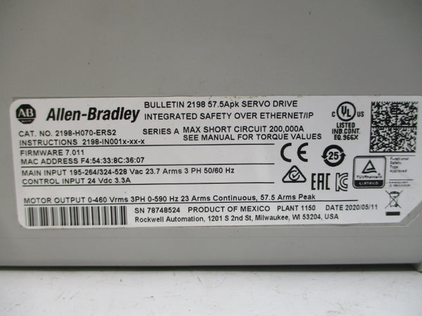 ALLEN BRADLEY 2198-H070-ERS2 SER. A F/W 7.011 195-264/324-528VAC 23.7A UNMP