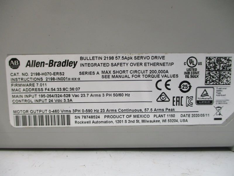 ALLEN BRADLEY 2198-H070-ERS2 SER. A F/W 7.011 195-264/324-528VAC 23.7A UNMP