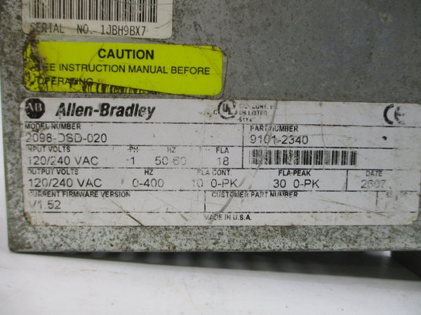 ALLEN BRADLEY 2098-DSD-020 F/W V1.52 120/240VAC 18A (NO FACEPLATE) UNMP