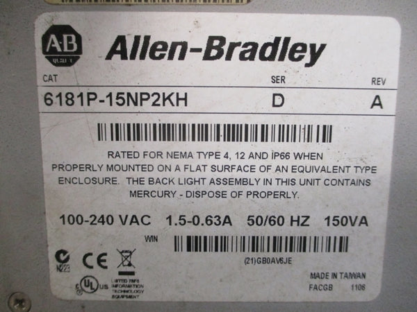 ALLEN BRADLEY 6181P-15NP2KH SER. D 100-240VAC 1.5-0.63A REV. A UNMP