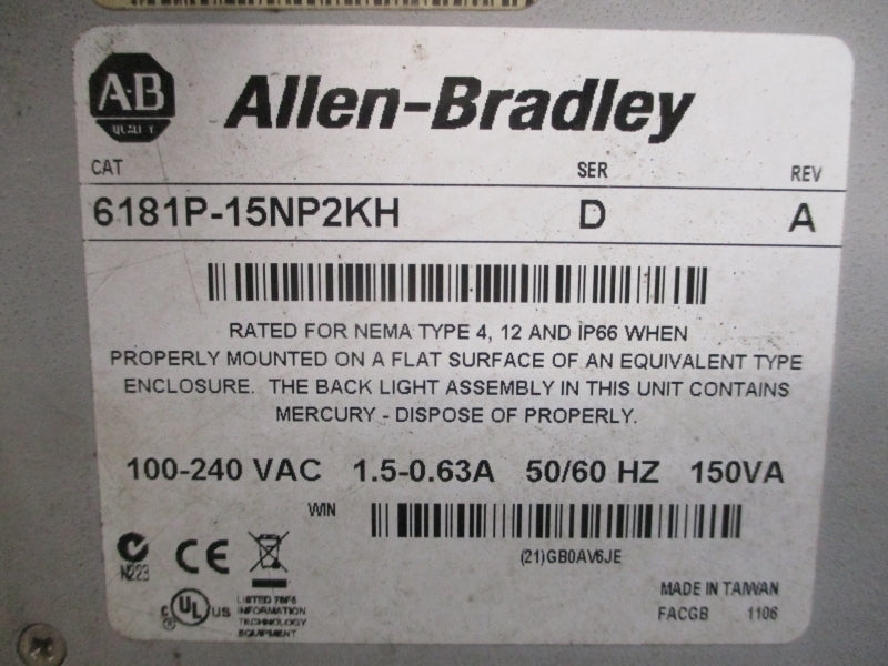 ALLEN BRADLEY 6181P-15NP2KH SER. D 100-240VAC 1.5-0.63A REV. A UNMP