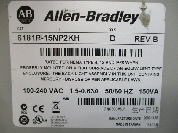 ALLEN BRADLEY 6181P-15NP2KH SER. D 100-240VAC 1.5-0.63A REV. B UNMP