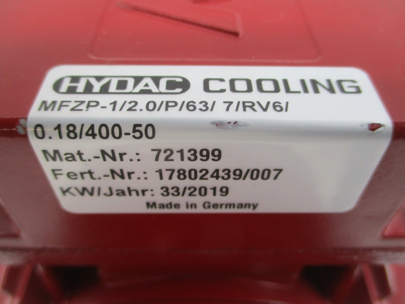 HYDAC COOLING MFZP-1/2.0/P/63/ 7/RV6/0.18/400-50 721399 277/480V 1.18/0.68A NSNP
