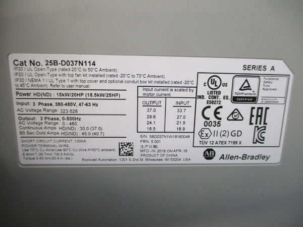 ALLEN BRADLEY 25B-D037N114 SER. A F/W 5.001 323-528VAC NSMP