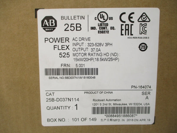 ALLEN BRADLEY 25B-D037N114 SER. A F/W 5.001 323-528VAC NSMP