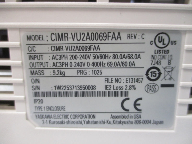YASKAWA CIMR-VU2A0069FAA 200-240VAC 80.0/68.0A REV. C UNMP