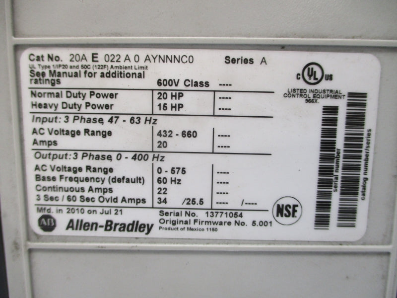 ALLEN BRADLEY 20AE022A0AYNNNC0 SER. A F/W 5.001 432-660VAC 20A UNMP