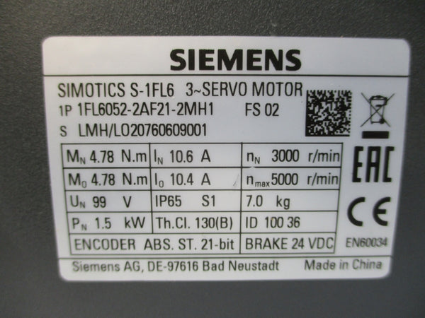 SIEMENS 1FL6052-2AF21-2MH1 99V 10.4/10.6A NSNP