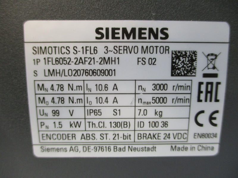 SIEMENS 1FL6052-2AF21-2MH1 99V 10.4/10.6A NSNP