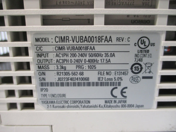 YASKAWA CIMR-VUBA0018FAA 200-240VAC 35.0A REV. C (AS PICTURED) NSNP