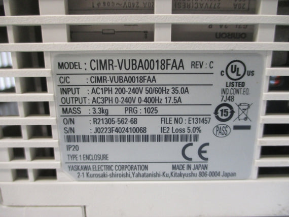 YASKAWA CIMR-VUBA0018FAA 200-240VAC 35.0A REV. C (AS PICTURED) NSNP