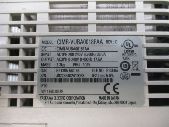 YASKAWA CIMR-VUBA0018FAA 200-240VAC 35.0A REV. C (AS PICTURED) UNMP